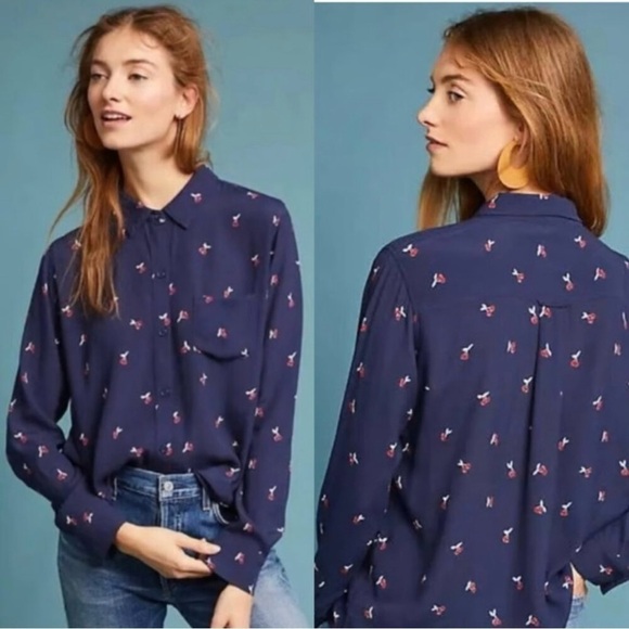 Rails Tops - Rails Kate Long Sleeve Button Down Shirt in Navy Cherries Size XS